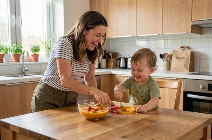 Mère et enfant en bas âge riant ensemble autour d'une table en bois dans une cuisine moderne et familiale