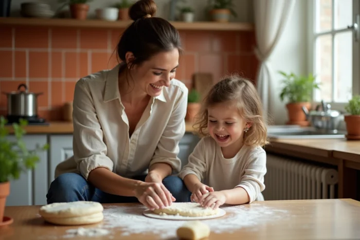 Mère et fille préparant de la pâte ensemble dans une cuisine familiale chaleureuse, partageant un moment de complicité authentique