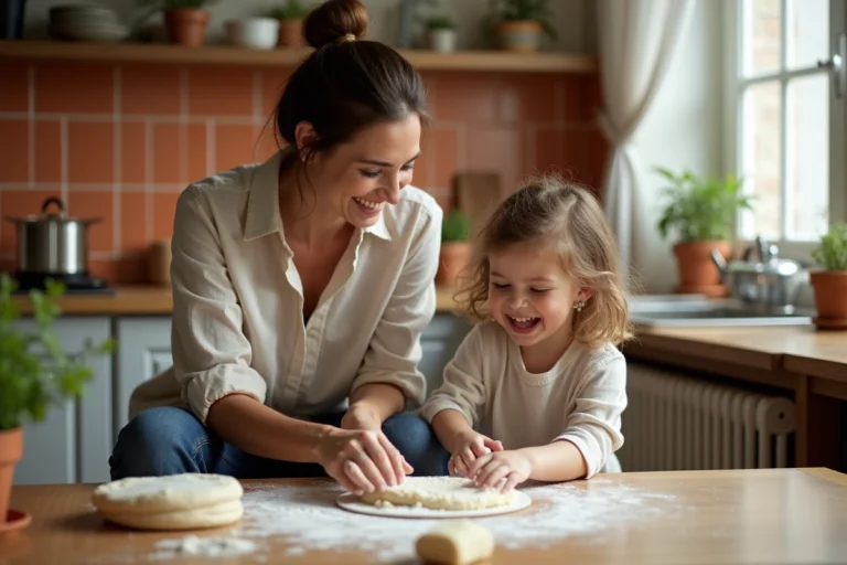 Mère et fille préparant de la pâte ensemble dans une cuisine familiale chaleureuse, partageant un moment de complicité authentique