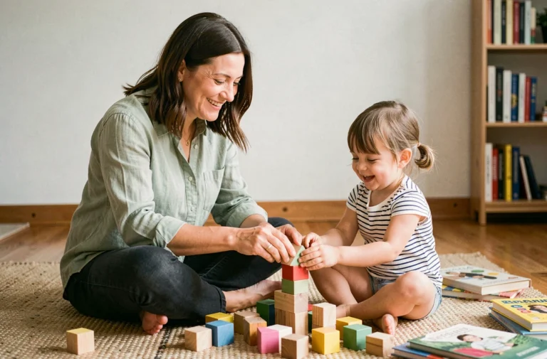 Mère et fille jouant ensemble avec des cubes en bois colorés sur un tapis tressé dans un salon chaleureux, illustrant la parentalité bienveillante au quotidien