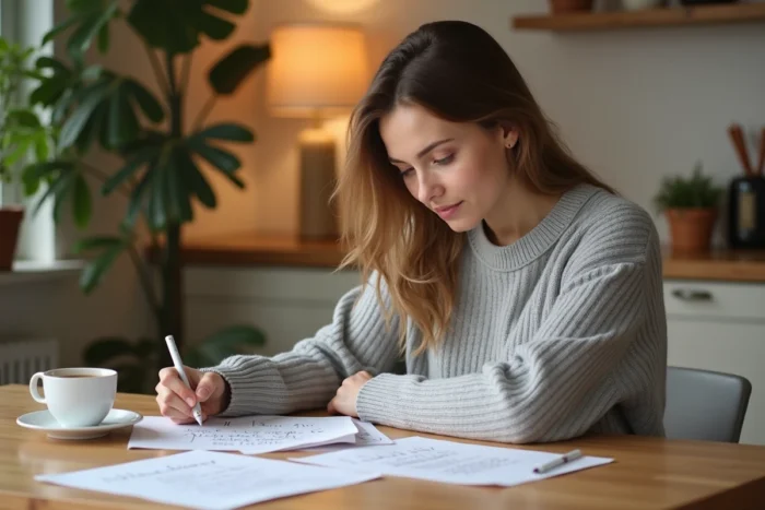 Mère consultant des ressources parentales et des conseils essentiels à la table de la cuisine