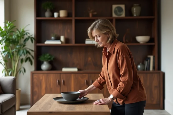 Meuble en bois foncé massif servant d'ancrage visuel dans un salon aux tons neutres, avec une femme arrangeant une décoration céramique