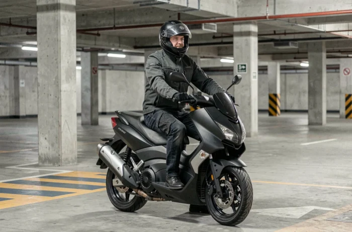 Motard en veste textile assis sur un Yamaha TMAX 750 dans un parking souterrain urbain, illustrant la valeur perçue du scooter