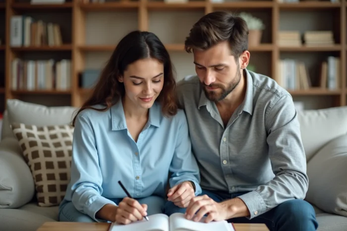 Deux parents consultant ensemble des guides et ressources essentiels pour l'éducation de leurs enfants
