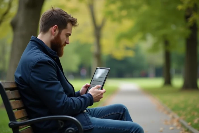 Père lisant des conseils parentaux sur une tablette numérique dans un parc
