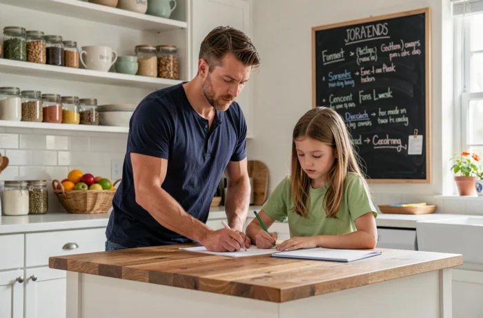 Père aidant sa fille à faire ses devoirs dans une cuisine familiale moderne