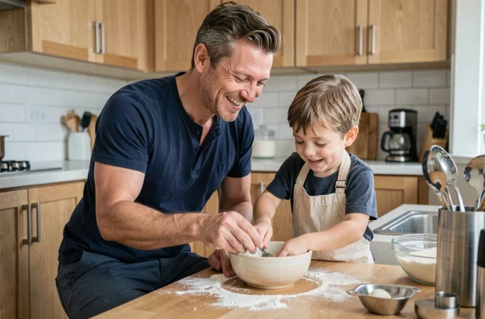 Père aidant son fils à cuisiner dans une cuisine familiale moderne, moment de complicité parentale illustrant des conseils pratiques pour une parentalité épanouie
