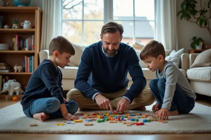 Père jouant avec ses deux fils sur le sol du salon autour d'un puzzle en bois, scène de vie familiale authentique et chaleureuse