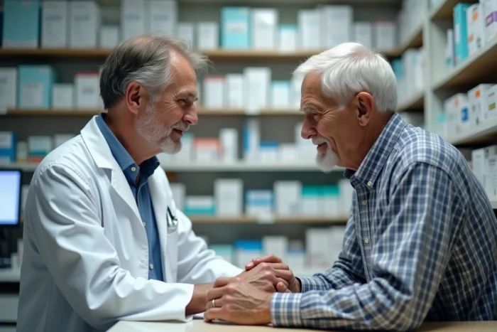 Pharmacien conseillant un patient âgé sur les effets secondaires du vaccin du zona après la deuxième dose