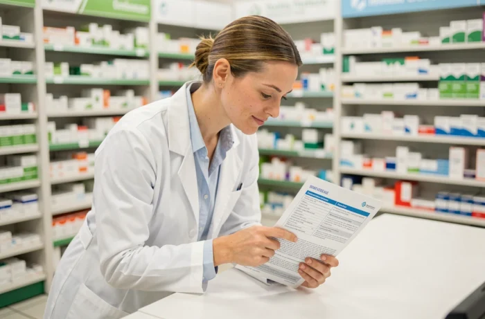 Pharmacienne expliquant les effets secondaires d'un médicament à son comptoir