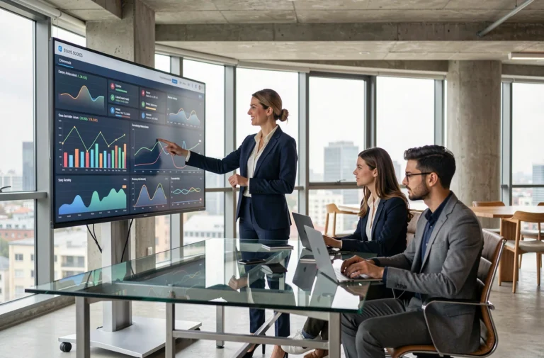 Consultante en cabinet présentant un tableau de bord digital à son équipe dans une salle de réunion moderne