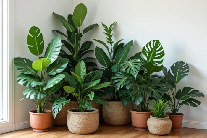 Angle mort d'un salon rempli par un groupement de grandes plantes à feuillage dense — ficus lyrata, monstera et strelitzia — dans des pots en terre et vannerie