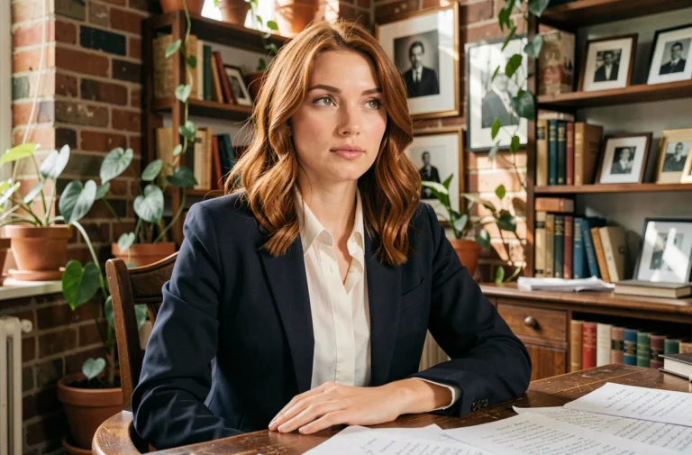 Portrait éditorial d'une jeune actrice montante assise à un bureau vintage entouré de scripts et de notes manuscrites dans un studio chaleureux aux murs en briques