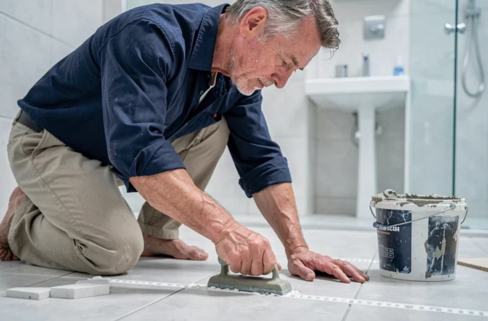 Homme posant du carrelage et appliquant du joint dans une salle de bain en cours de rénovation