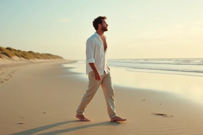 Homme se promenant sereinement sur une plage déserte au bord de l'eau pour illustrer la paix intérieure et la tranquillité du quotidien