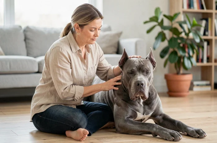 Femme propriétaire caressant son Cane Corso bleu adulte dans un salon moderne, symbolisant la relation de confiance entre un maître et son chien assuré