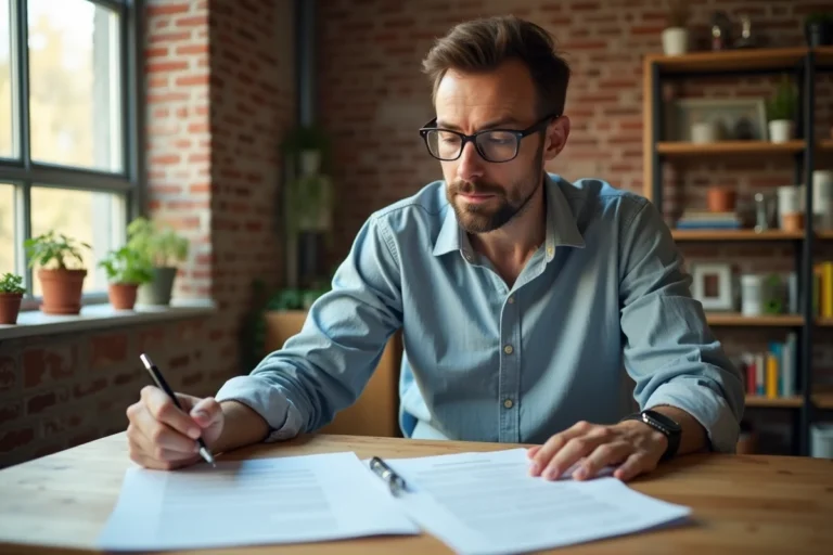 Propriétaire vérifiant un contrat de location de sa résidence principale à la table de sa cuisine