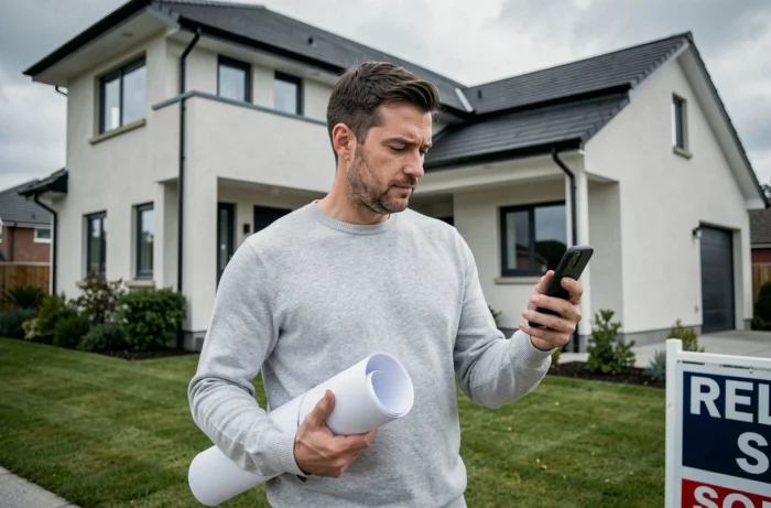 Homme tenant des plans architecturaux devant sa future maison après avoir obtenu un crédit immobilier