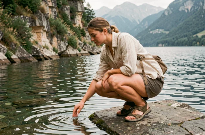 Randonneuse explorant une crique cachée du lac du Bourget, assise sur un rocher au bord de l'eau claire entourée de falaises végétalisées