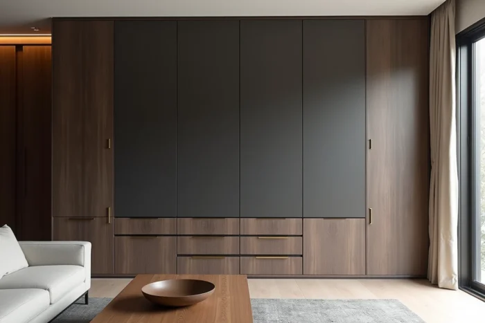 Mur de rangements fermés intégrés du sol au plafond avec portes en bois foncé mat et poignées en laiton, éliminant toute surcharge visuelle dans le salon