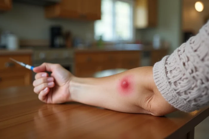 Gros plan sur une réaction cutanée au site d'injection du vaccin zona après la deuxième dose chez une femme âgée