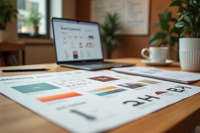 Tableau de bord de rebranding avec échantillons de couleurs, typographies et documents d'identité de marque sur un bureau de studio créatif