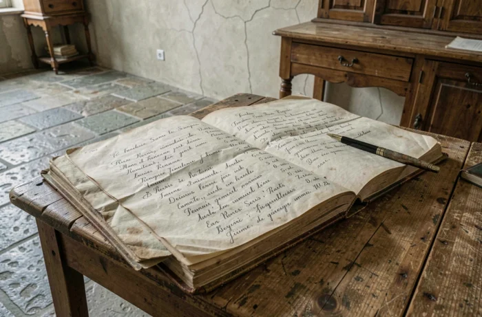 Registre d'état civil ancien ouvert sur une table en bois avec des prénoms français écrits à la main en cursive