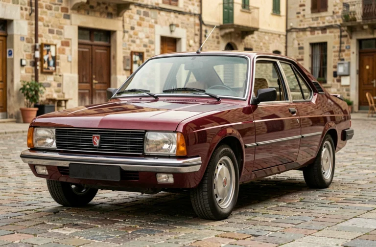 Renault 30 V8 bordeaux garée sur une place pavée européenne, vue trois quarts avant mettant en valeur le design classique des années 70