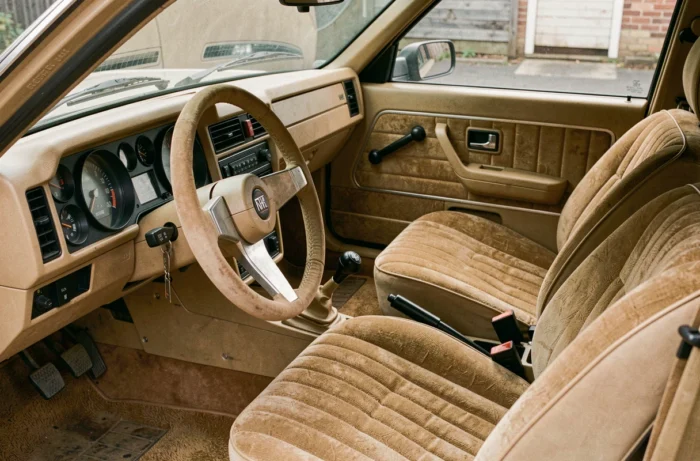Intérieur authentique de la Renault 30 V8 avec tableau de bord analogique, sièges en velours côtelé beige et volant iconique des années 70