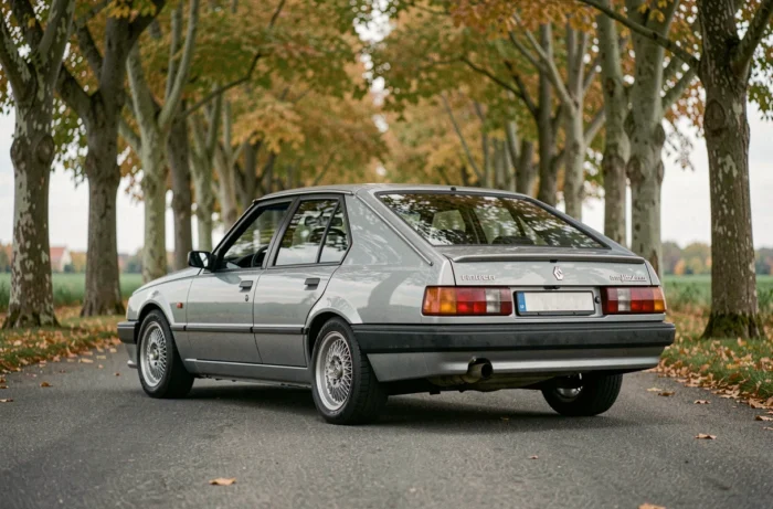 Renault 30 V8 gris argent photographiée en vue arrière trois quarts sur une route de campagne française bordée de platanes en automne