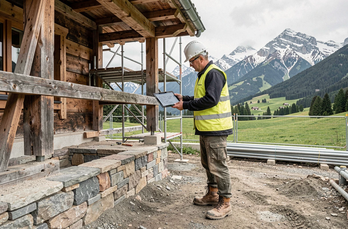 Ouvrier inspectant les fondations d'un chalet suisse en rénovation avec vue sur les Alpes