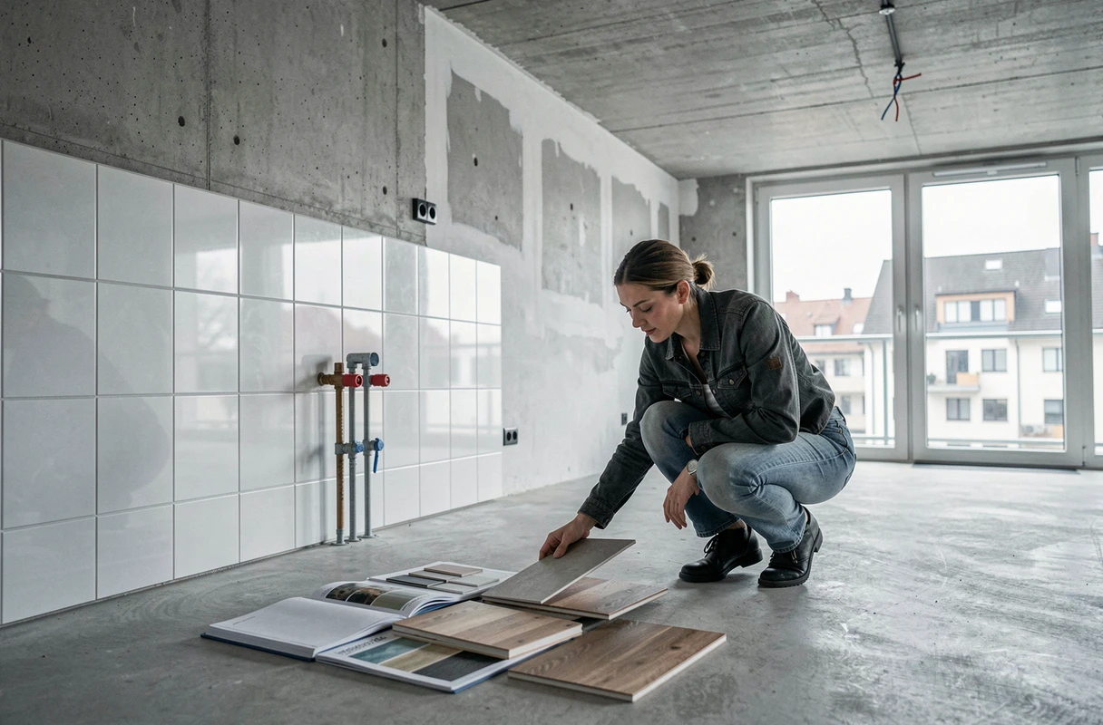 Designer d'intérieur comparant des échantillons de matériaux lors d'une rénovation de cuisine à Zurich
