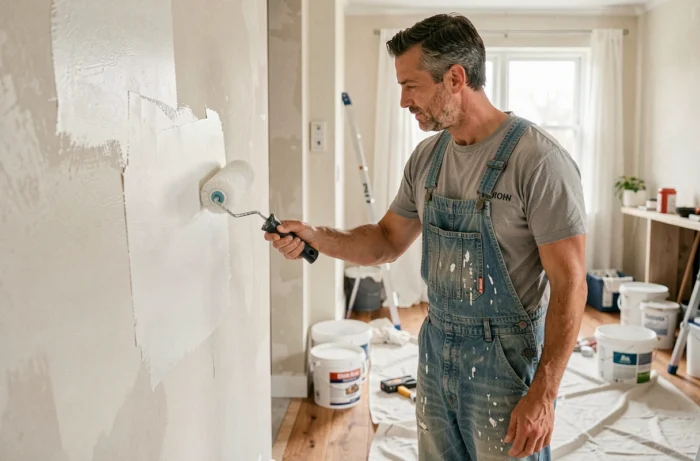 Homme en salopette rénovant un mur intérieur avec un rouleau à peinture dans une maison en travaux