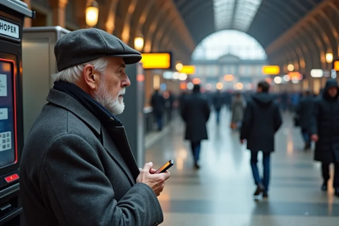 Un retraité utilise une borne SNCF en gare parisienne pour valider son Pass Carmillon