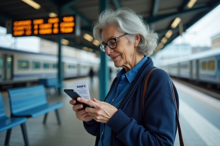 Une retraitée consulte son smartphone et son billet SNCF sur un quai de gare française en 2026