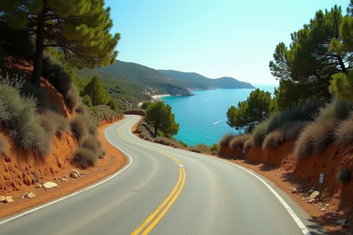 Route côtière sinueuse en Corse menant vers la plage de Cala d'Orzu depuis Ajaccio, entourée de maquis et de rochers