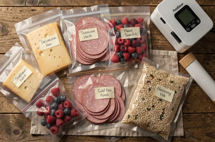 Vue du dessus de sachets alimentaires sous vide variés préparés avec la FoodSaver FFS005X sur une table en bois