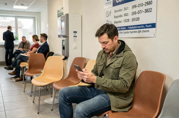 Homme consultant son téléphone dans la salle d'attente d'une agence CPAM en France