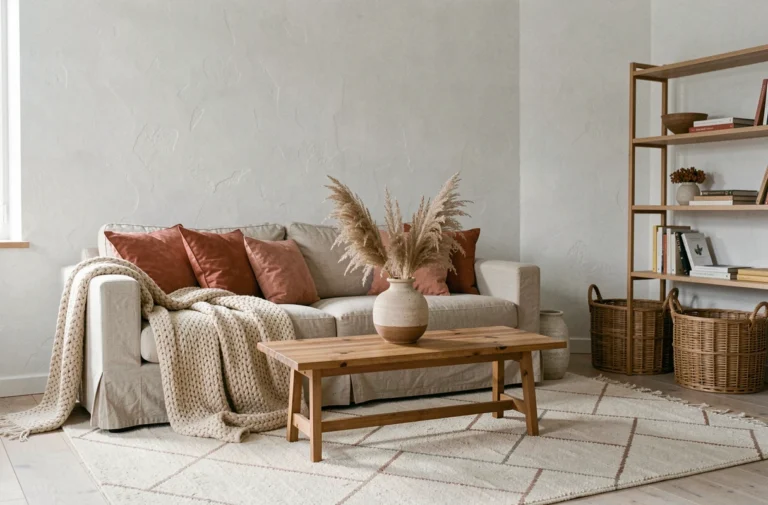 Salon scandinave chaleureux avec canapé en lin, accents terracotta et décoration en rotin pour un intérieur tendance