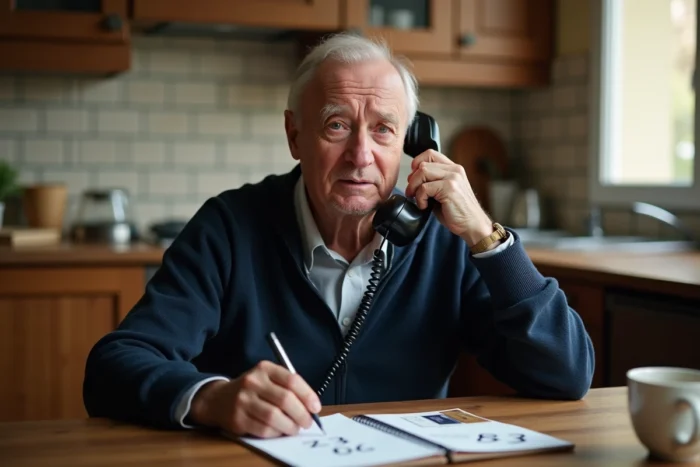Senior notant un numéro de téléphone français +33 806 sur un carnet dans une cuisine