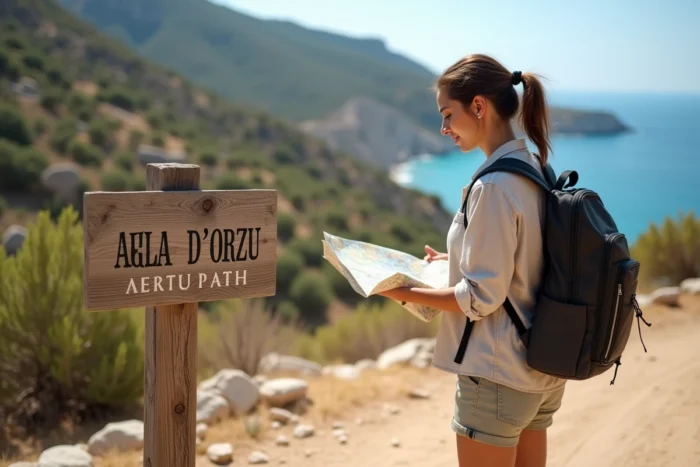 Randonneuse consultant une carte au départ du sentier vers Cala d'Orzu en Corse, panneau indicateur en bois au premier plan
