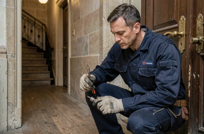 Serrurier professionnel inspectant une serrure de porte d'appartement haussmannien à Lyon