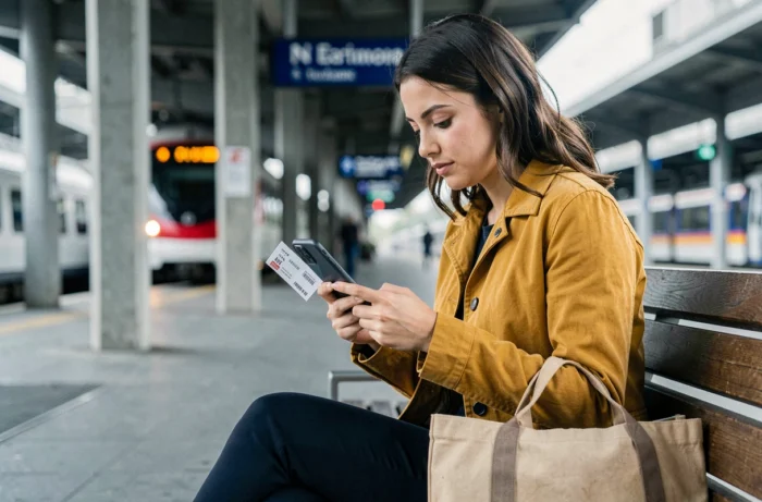 Jeune femme consultant son smartphone pour modifier un billet de train SNCF sur un quai de gare