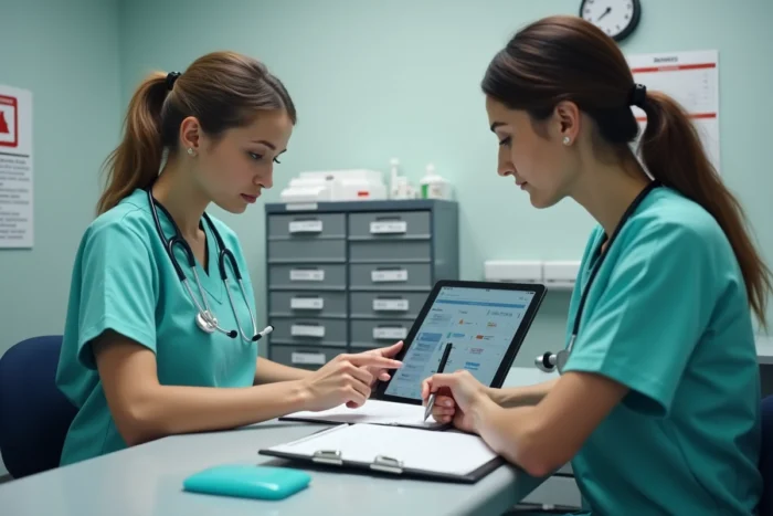 Deux soignantes d'EHPAD utilisant un logiciel de suivi des soins sur tablette au poste infirmier, dans le cadre d'une utilisation sécurisée et conforme au RGPD