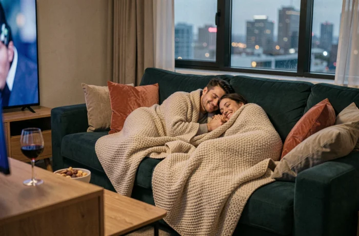 Couple blotti sous un plaid regardant la télévision ensemble le soir dans un appartement moderne avec des snacks et du vin