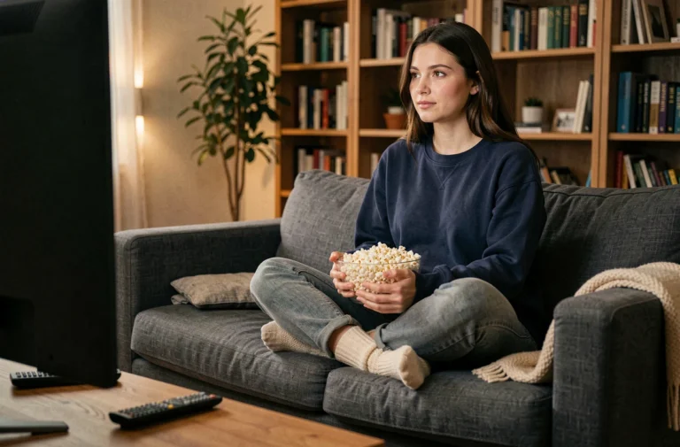 Femme détendue regardant la télévision sur un canapé en lin gris avec un bol de popcorn, ambiance soirée cosy à la maison