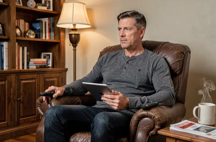 Homme assis dans un fauteuil en cuir regardant la télévision avec une tablette et une télécommande dans une bibliothèque confortable
