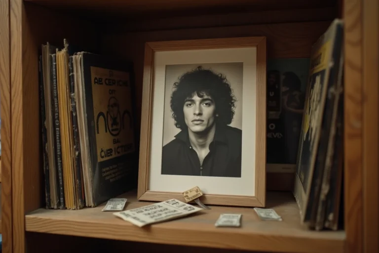 Photo encadrée vintage en noir et blanc sur une étagère en bois entourée de vinyles des années 70 évoquant la mémoire de Mike Brant