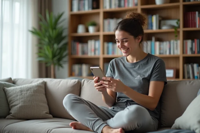 Streameuse détendue dans son appartement moderne riant devant son smartphone entourée de jeux et mangas