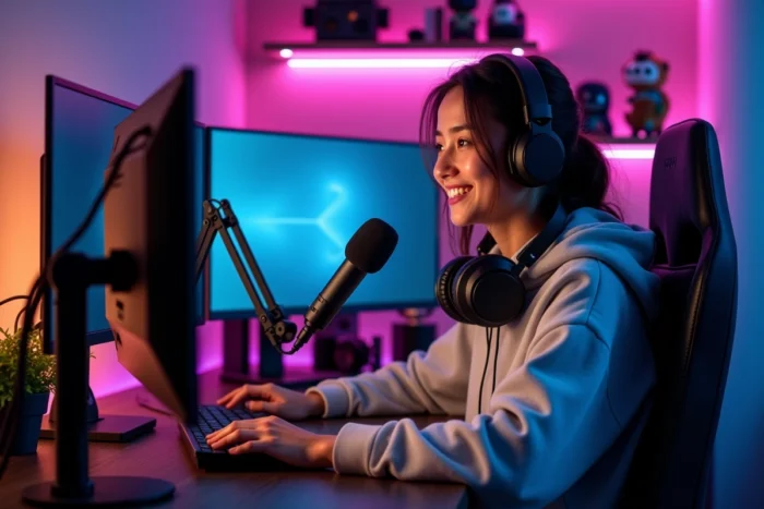 Jeune streameuse assise à son bureau de streaming avec micro et double écran dans un studio gaming cosy